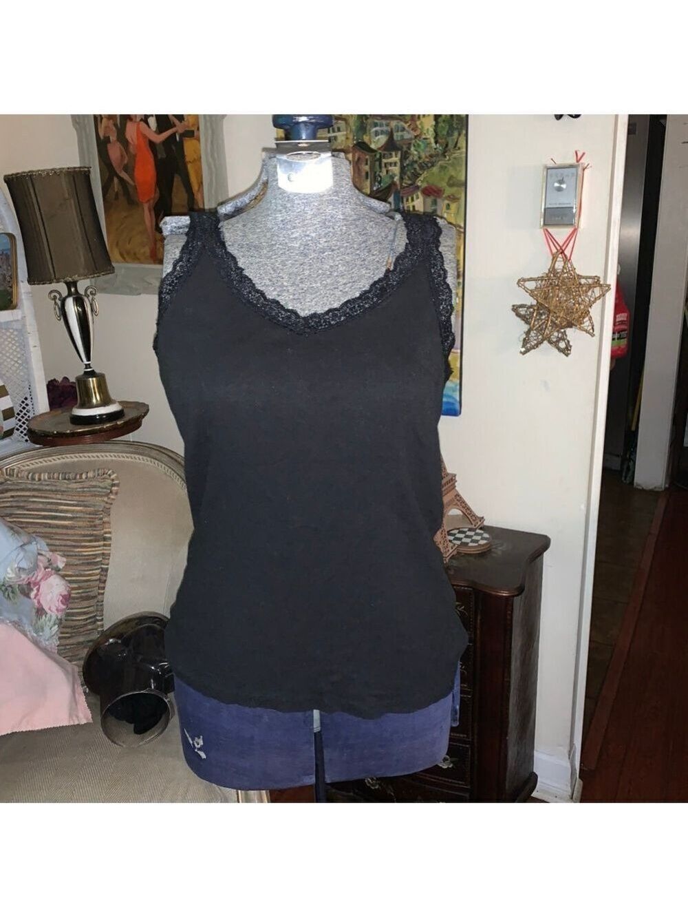 🔒 10 items for $20 - Women's George Black Lace Trim Tank Top M